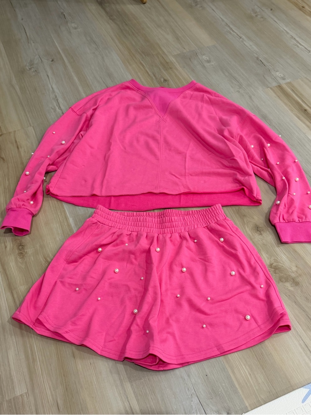Hot Pink Pearl-Embellished Sweatshirt & Shorts Set